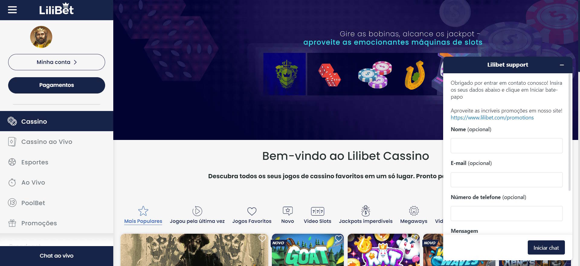 Seção de contato no Lilibet Brasil– Chat ao vivo