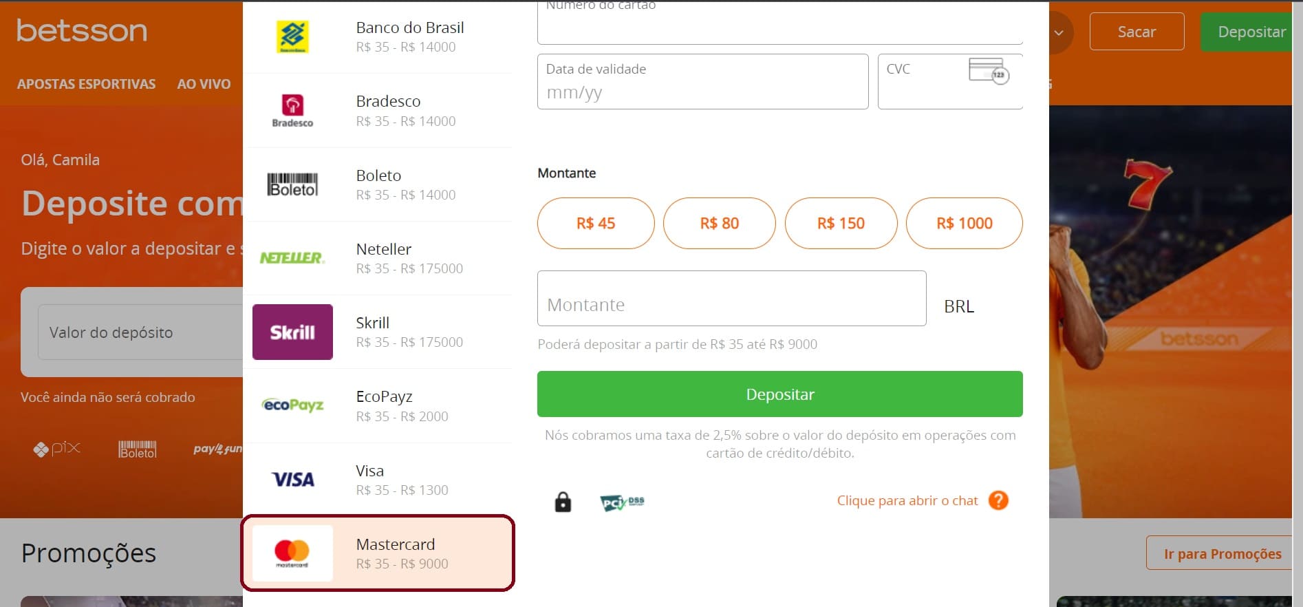 Escolhendo Mastercard para depósito em cassino online